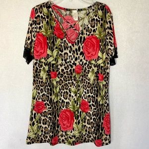 Now N Forever V Neck Top  S Leopard Rose Print Criss Cross Blouse